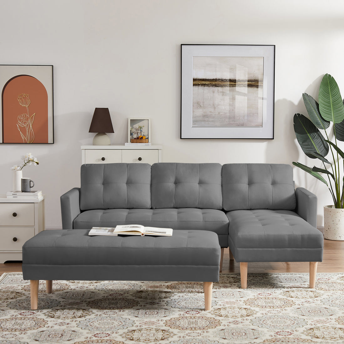Grey Fabric Right Facing Sectional Sofa Bedl Shape Sofa Chaise Lounge With Ottoman Bench Grey Wood Tufted Back Square Arms Foam Fabric 3 Seat