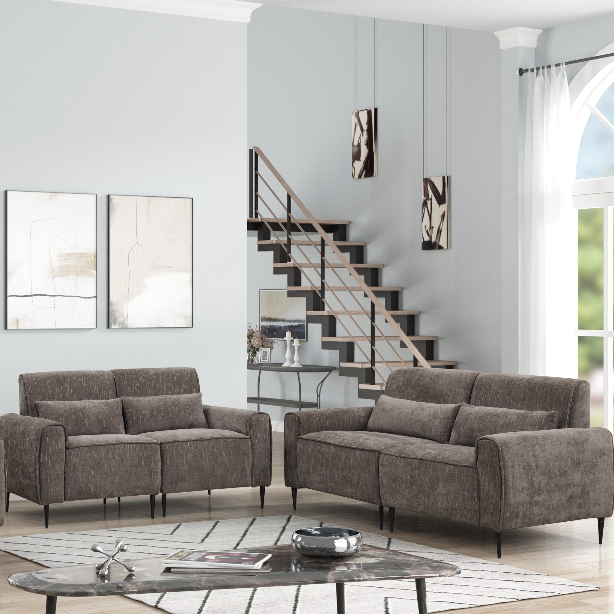 Valentina 74" Gray Chenille Sofa Loveseat Living Room Set Gray Chenille