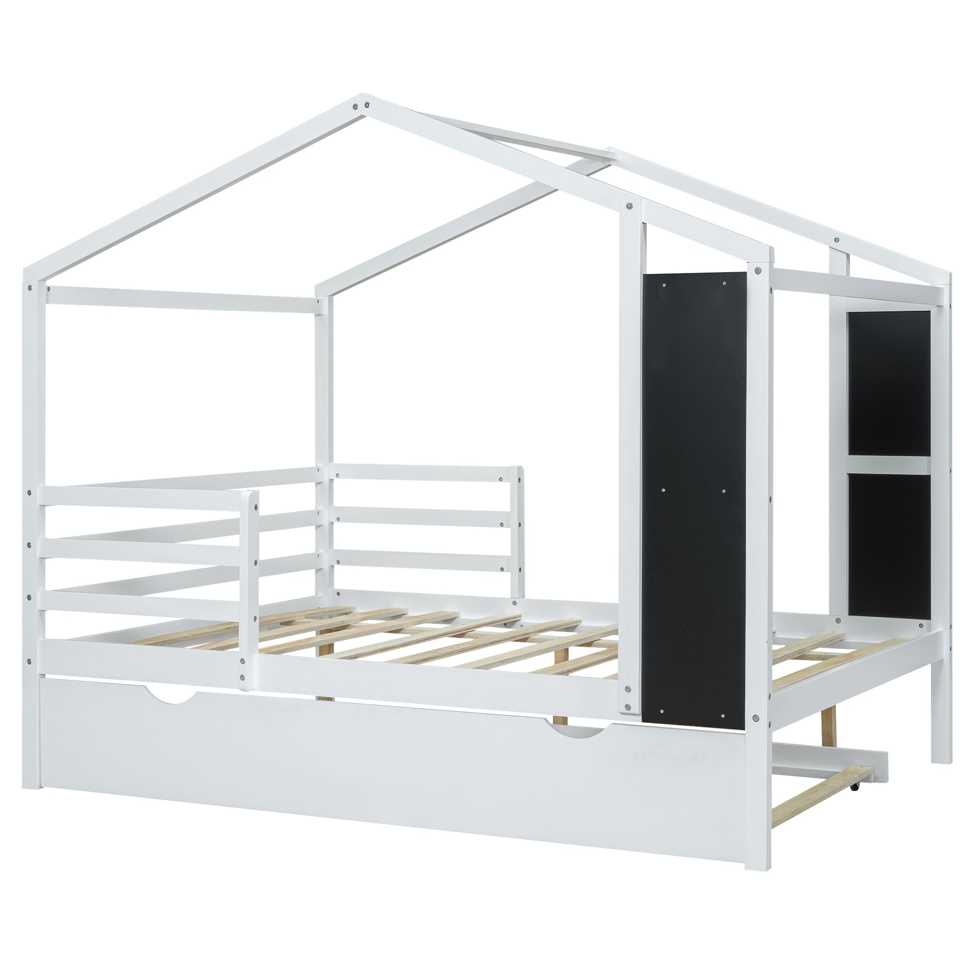 Full Size Wood House Bed With Fence And Writing Board, White White Solid Wood