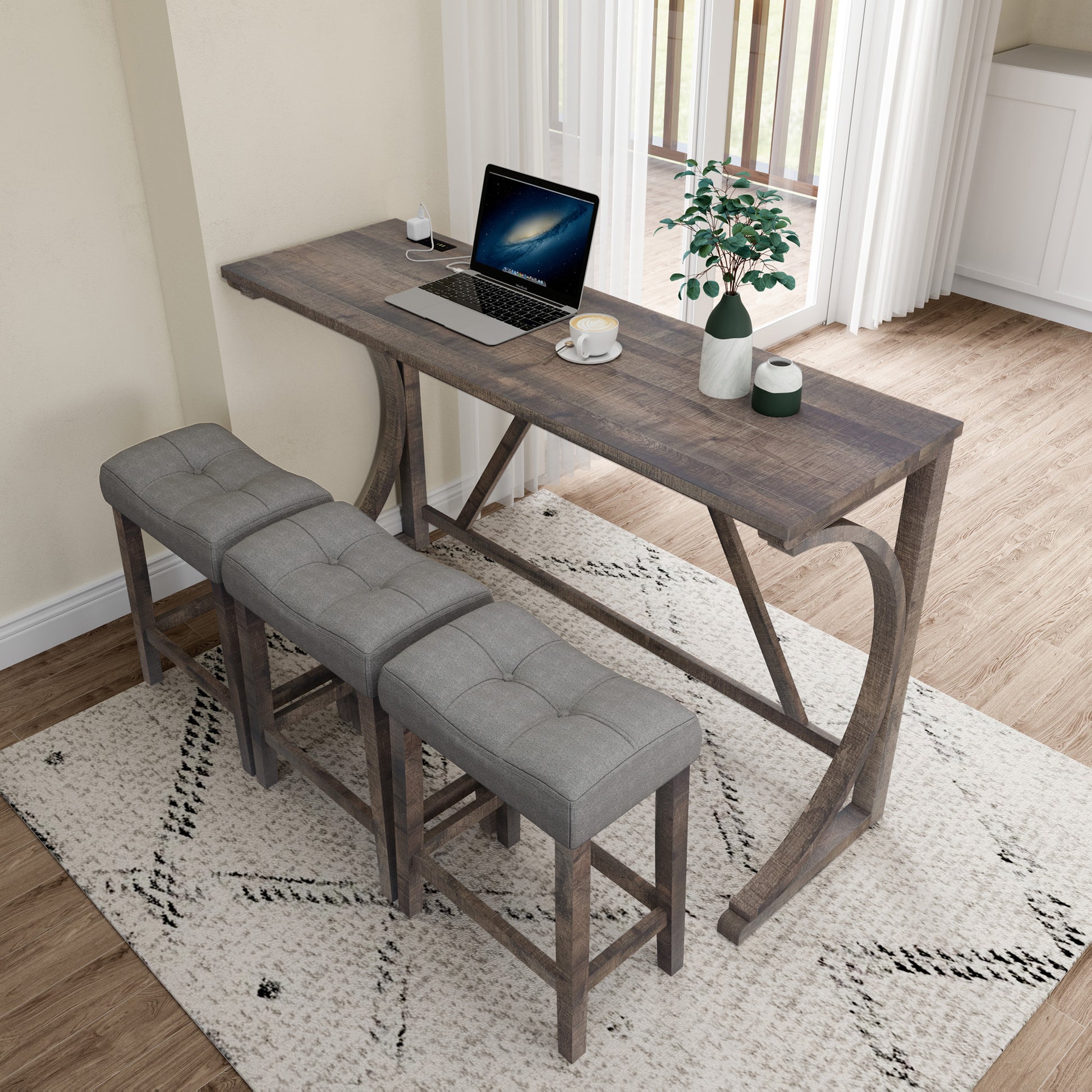 Bar Table Set With Power Outlet, Bar Table And Chairs Set, 4 Piece Dining Table Set, Industrial Breakfast Table Set, For Living Room, Dining Room, Game Room Brown Yellow Solid Wood Mdf