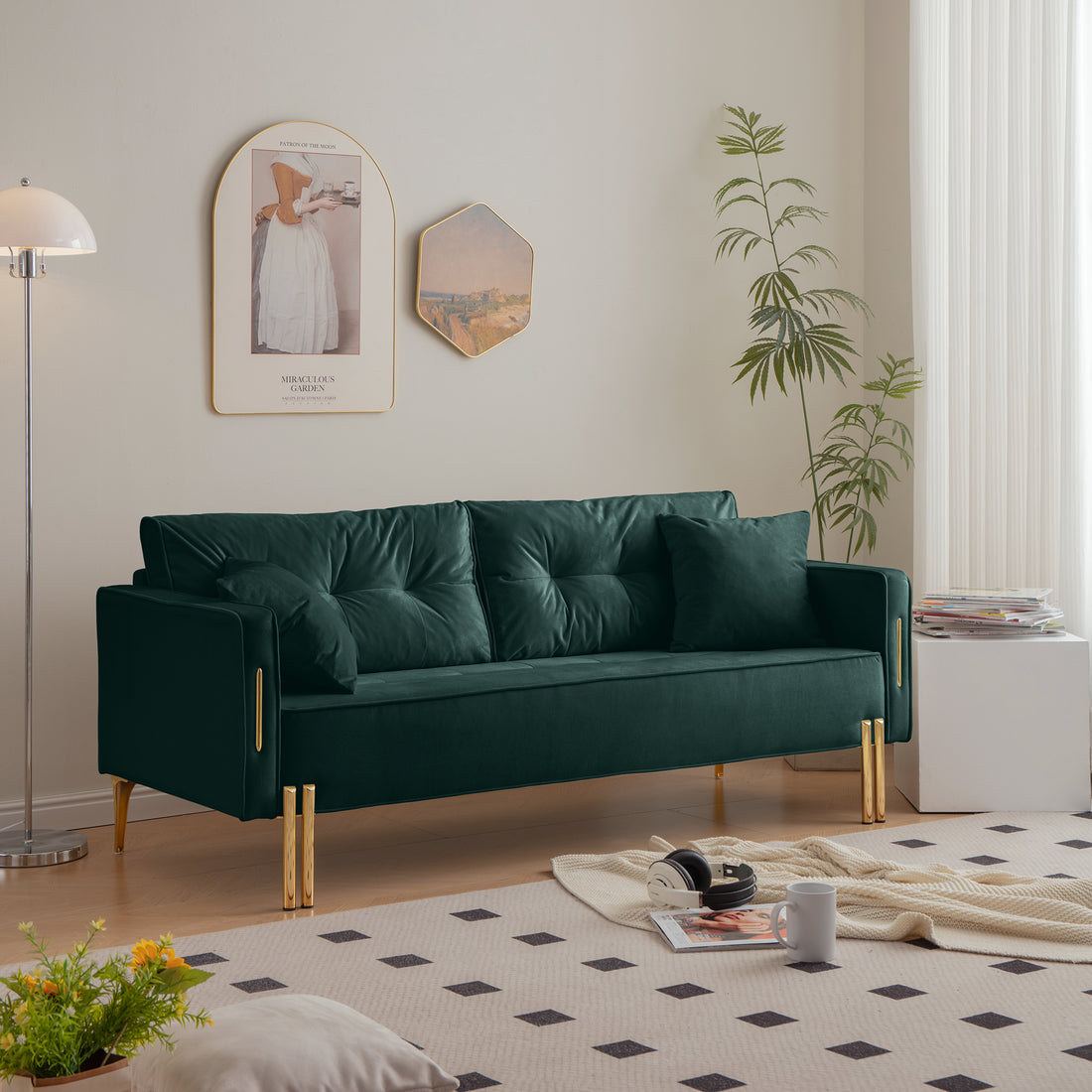 70" Velvet Sofa Couch Luxury Modern Upholstered 3 Seater Sofa With 2 Pillows For Living Room, Apartment And Small Space Green Modern Foam Velvet 3 Seat