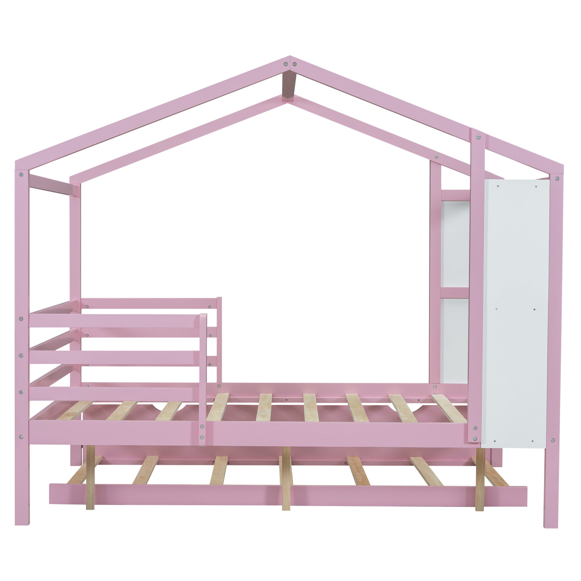 Full Size Wood House Bed With Fence And Writing Board, Pink Pink Solid Wood