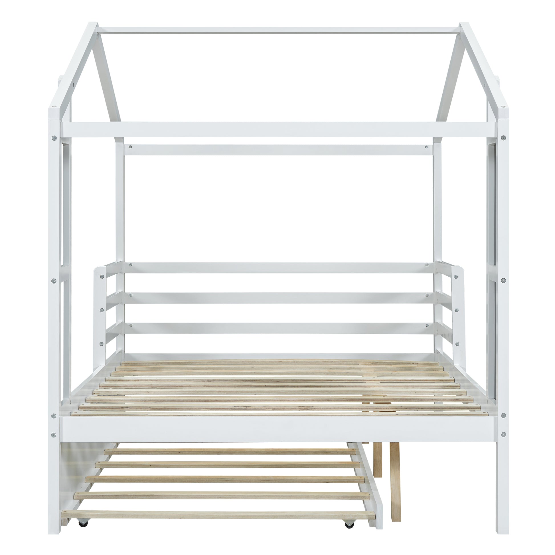 Full Size Wood House Bed With Fence And Writing Board, White White Solid Wood