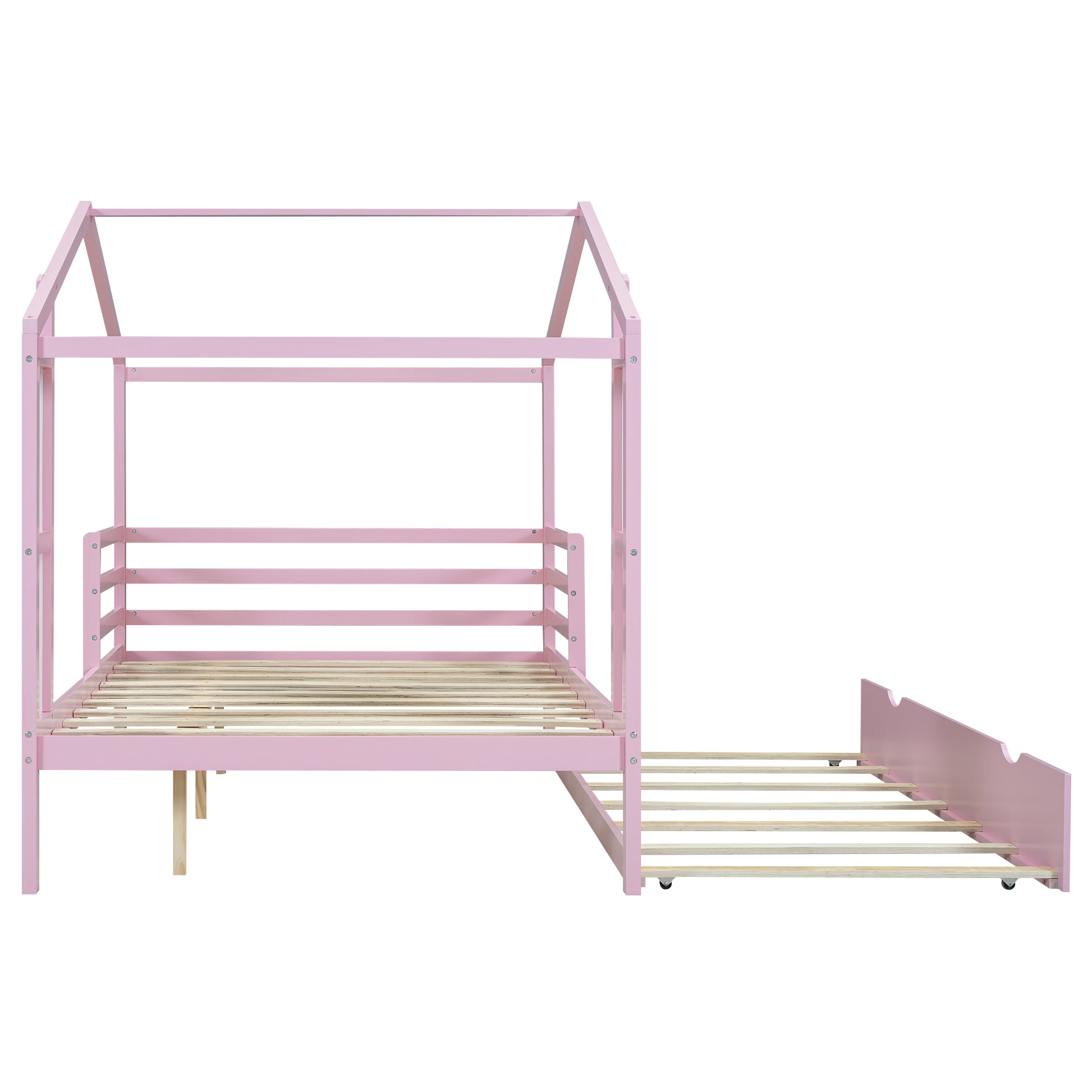 Full Size Wood House Bed With Fence And Writing Board, Pink Pink Solid Wood