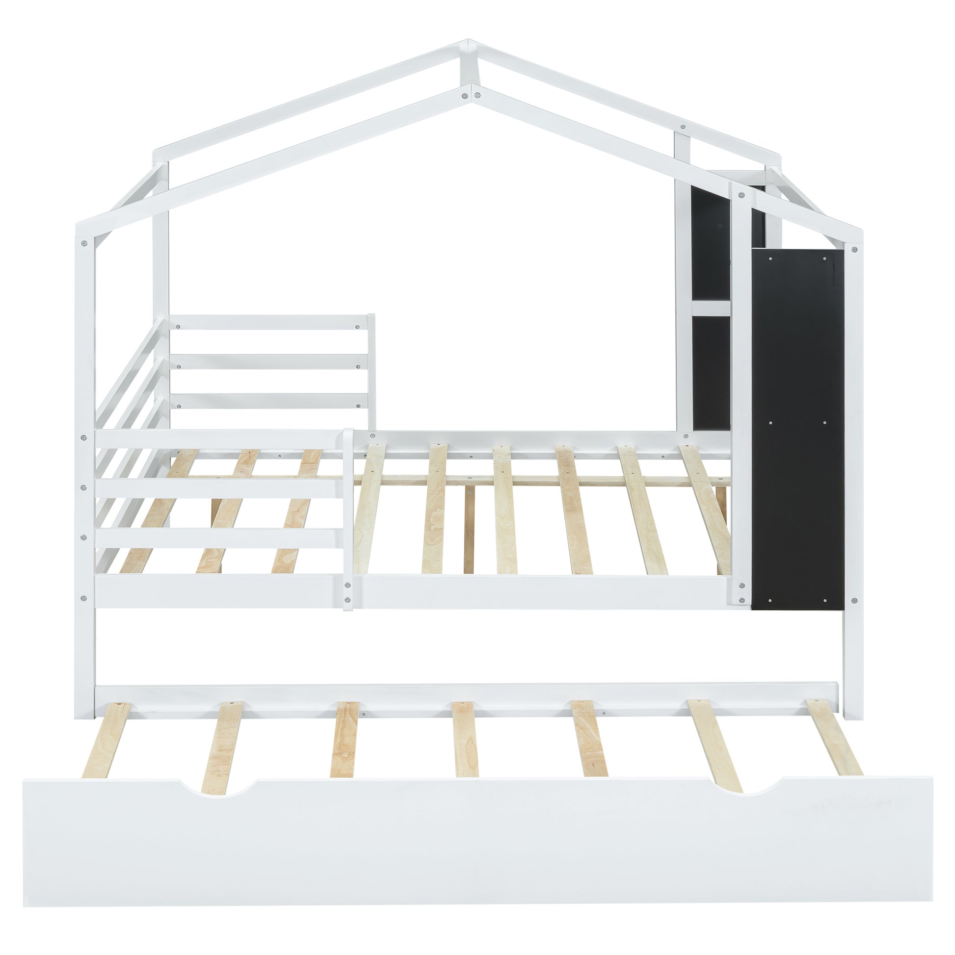 Full Size Wood House Bed With Fence And Writing Board, White White Solid Wood