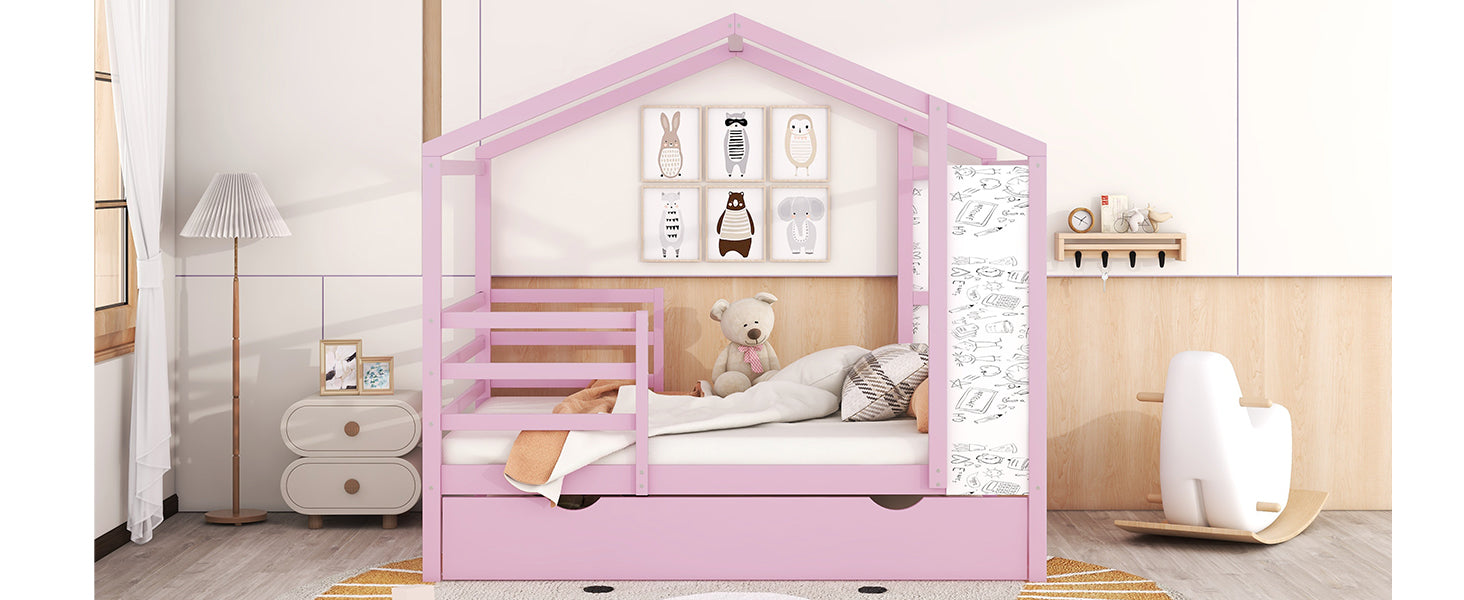 Full Size Wood House Bed With Fence And Writing Board, Pink Pink Solid Wood