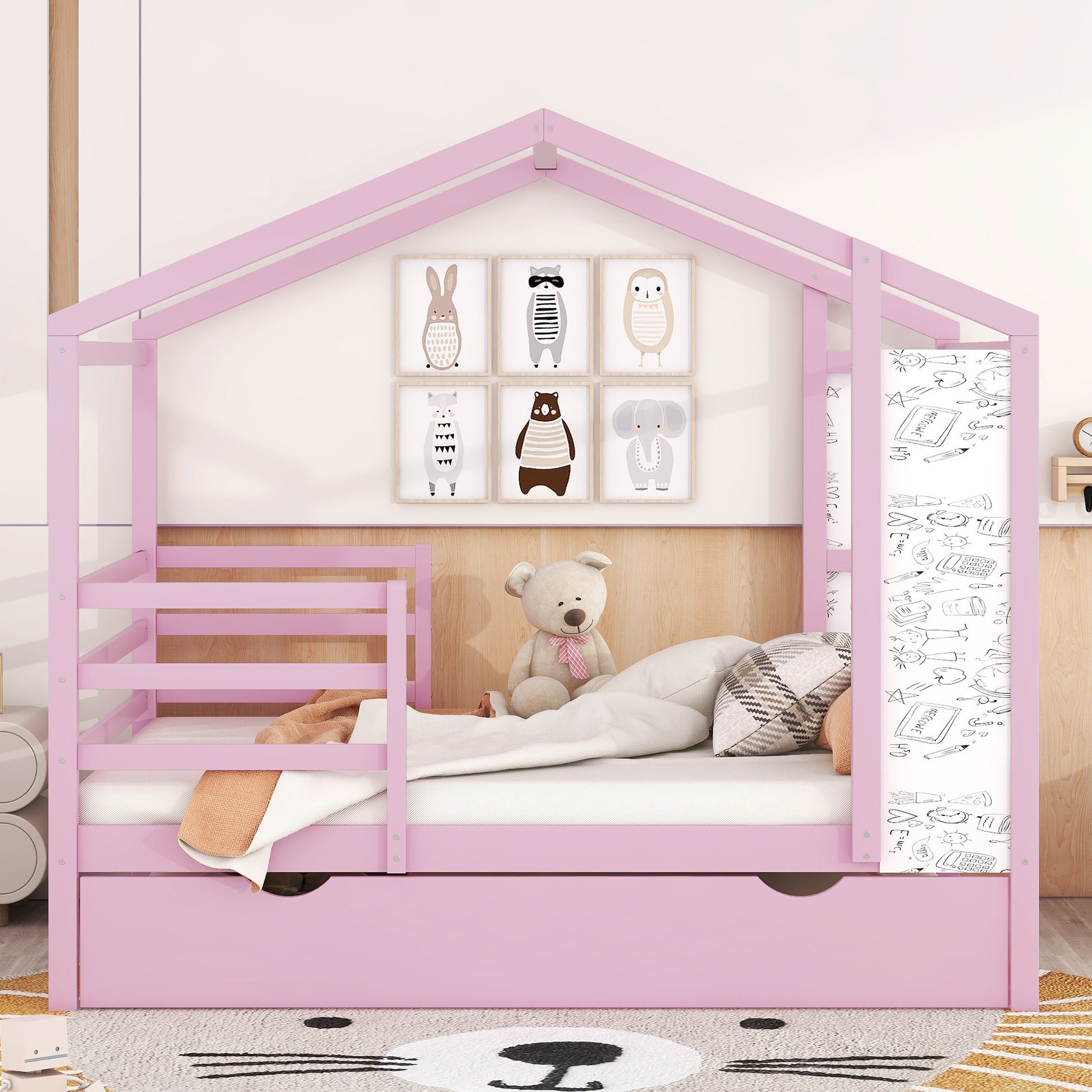 Full Size Wood House Bed With Fence And Writing Board, Pink Pink Solid Wood