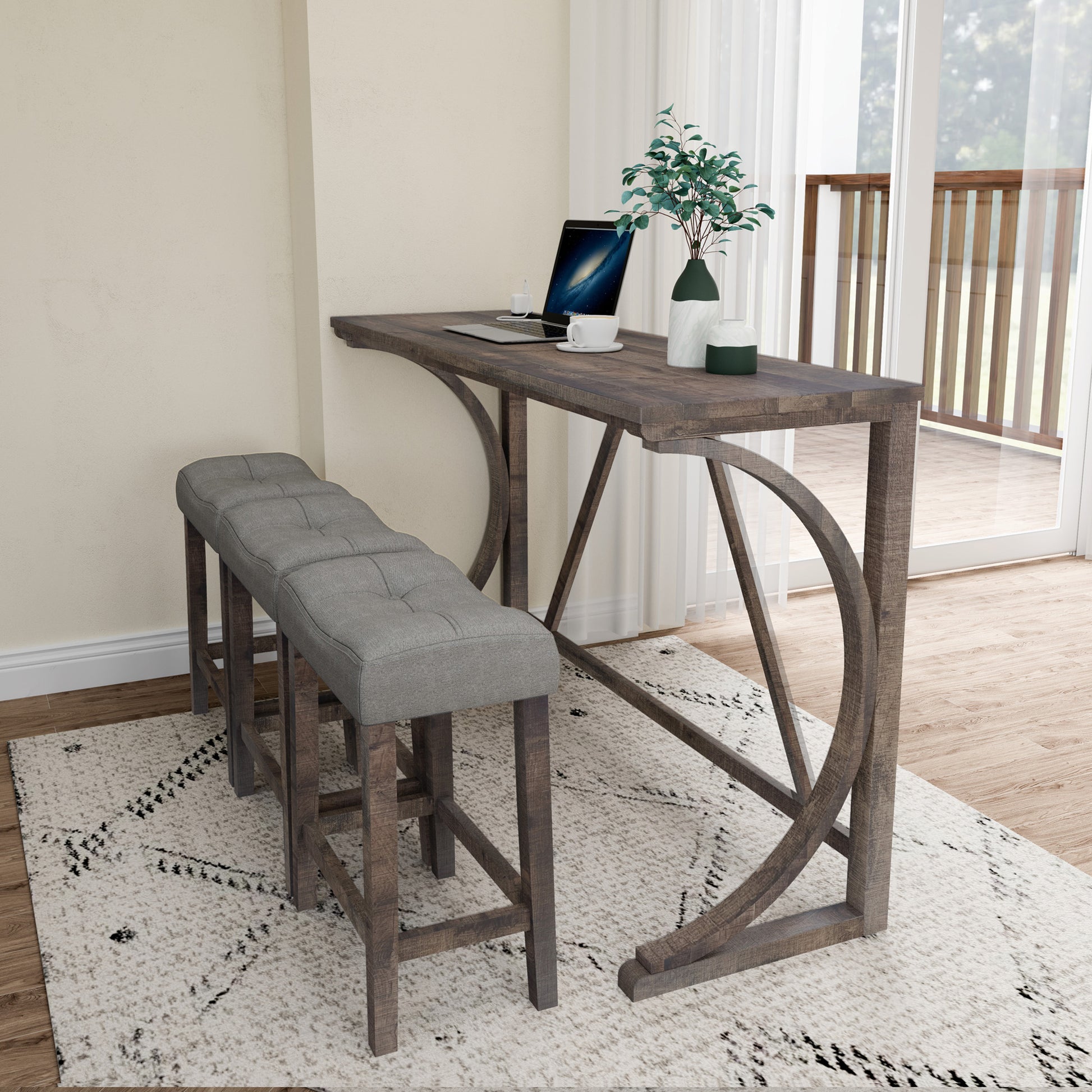 Bar Table Set With Power Outlet, Bar Table And Chairs Set, 4 Piece Dining Table Set, Industrial Breakfast Table Set, For Living Room, Dining Room, Game Room Brown Yellow Solid Wood Mdf