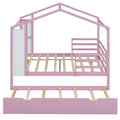 Full Size Wood House Bed With Fence And Writing Board, Pink Pink Solid Wood