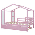 Full Size Wood House Bed With Fence And Writing Board, Pink Pink Solid Wood