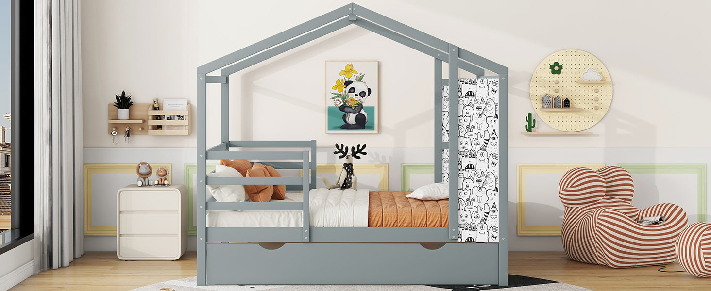 Full Size Wood House Bed With Fence And Writing Board, Gray Gray Solid Wood