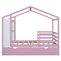 Full Size Wood House Bed With Fence And Writing Board, Pink Pink Solid Wood