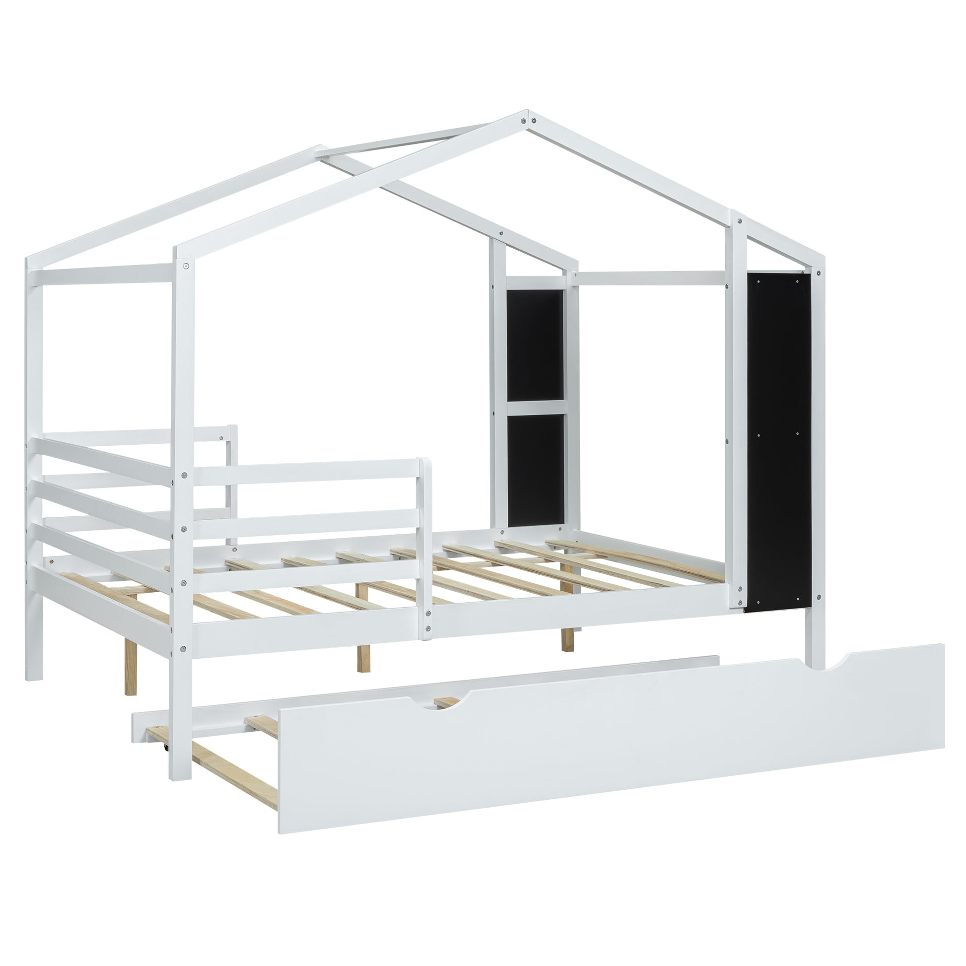 Full Size Wood House Bed With Fence And Writing Board, White White Solid Wood