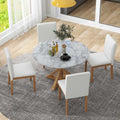 5 Piece Farmhouse Style Dining Table Set, Marble Sticker And Cross Bracket Pedestal Dining Table, And 4 Upholstered Chairs White Walnut Upholstered Chair Wood White Walnut Seats 4 Wood Dining Room