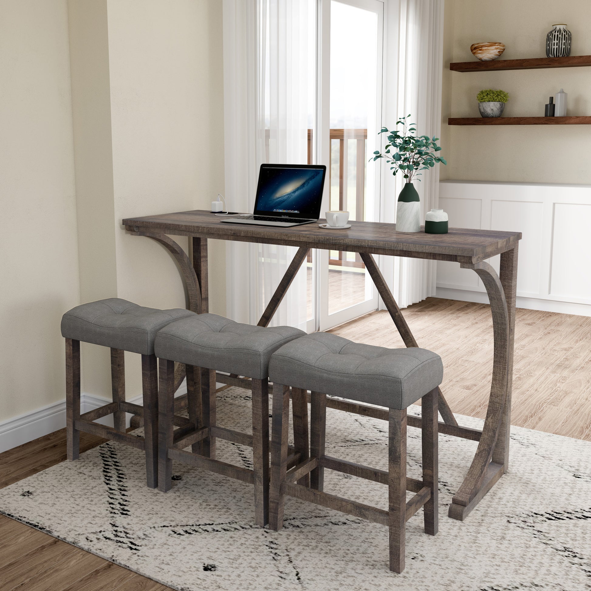 Bar Table Set With Power Outlet, Bar Table And Chairs Set, 4 Piece Dining Table Set, Industrial Breakfast Table Set, For Living Room, Dining Room, Game Room Brown Yellow Solid Wood Mdf