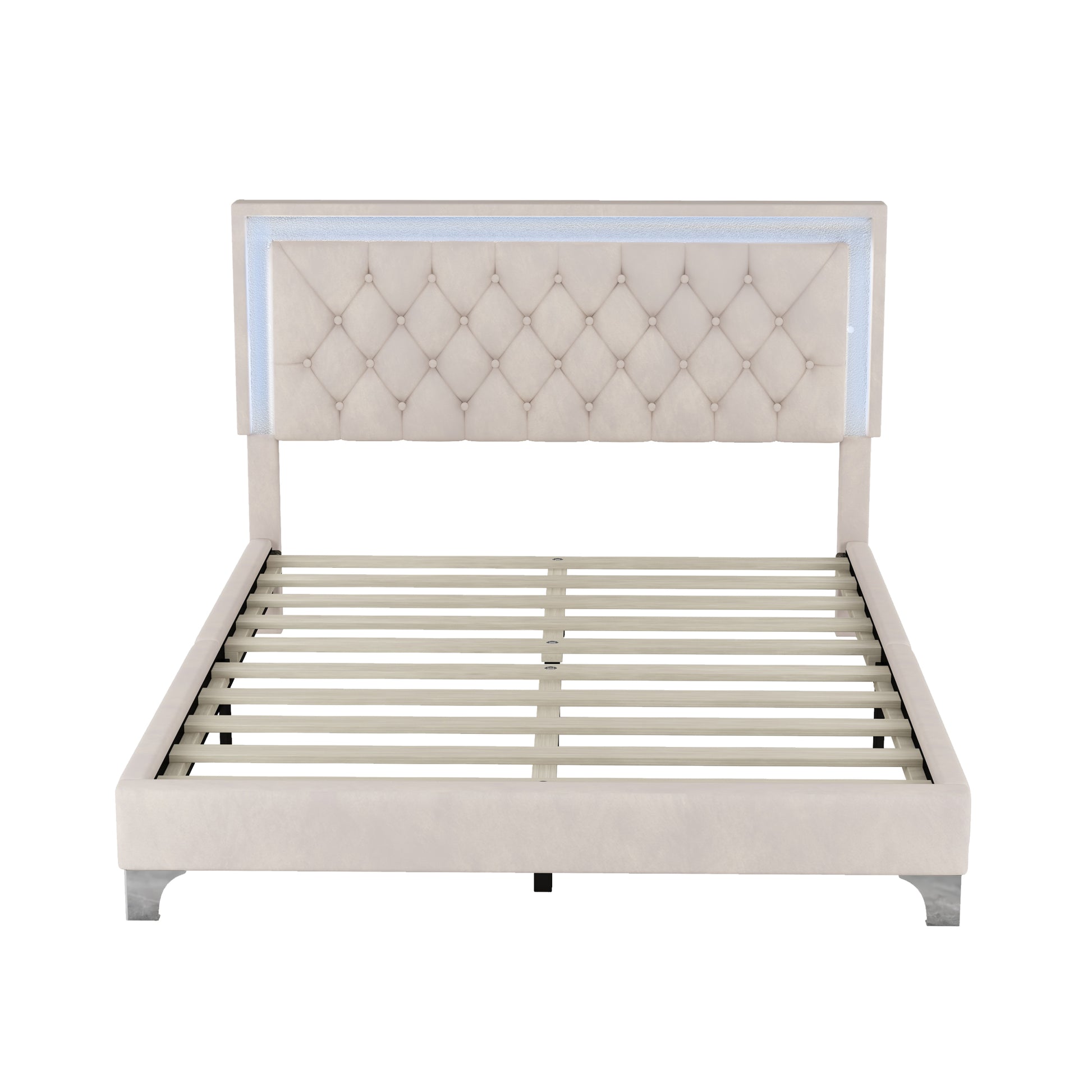 3 Pieces Bedroom Sets,Queen Size Upholstered Platform Bed With Led Lights And Two Nightstands Beige Beige Velvet