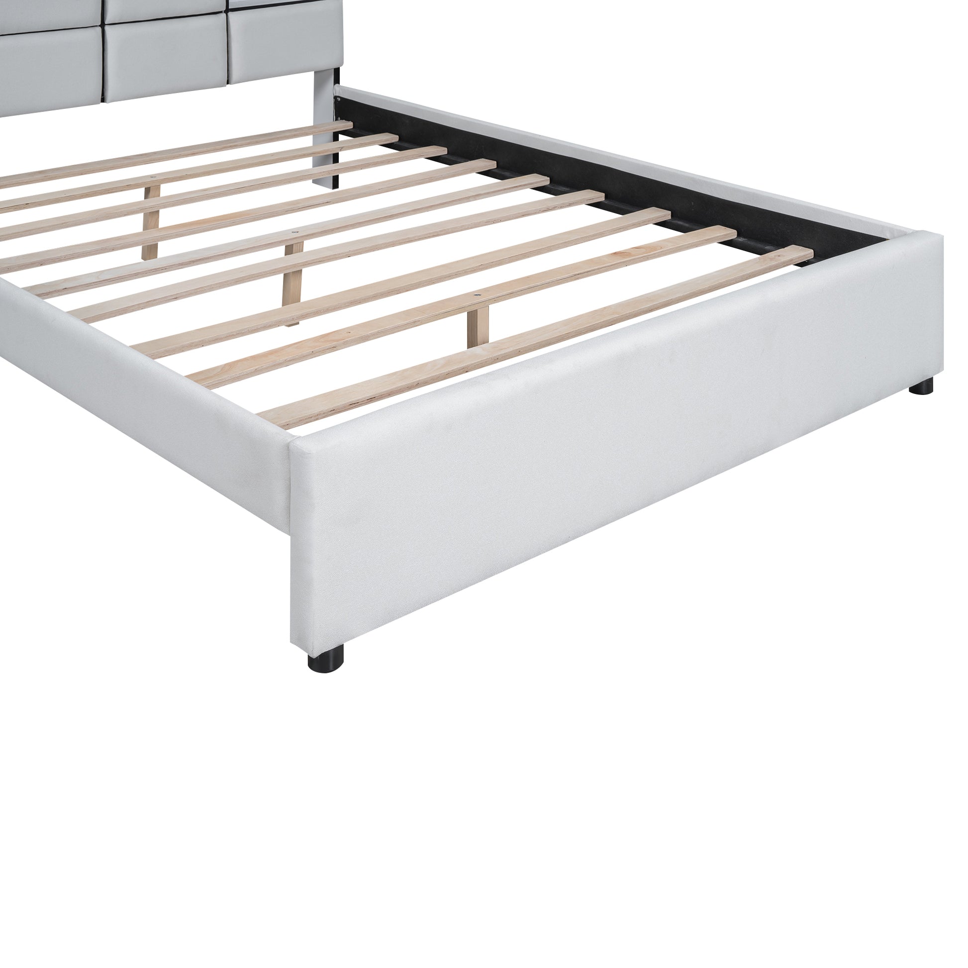 Queen Size Upholstered Platform Bed With Led, Storage And Usb, Beige Box Spring Not Required Queen Beige Wood Bedroom Solid Wood Mdf