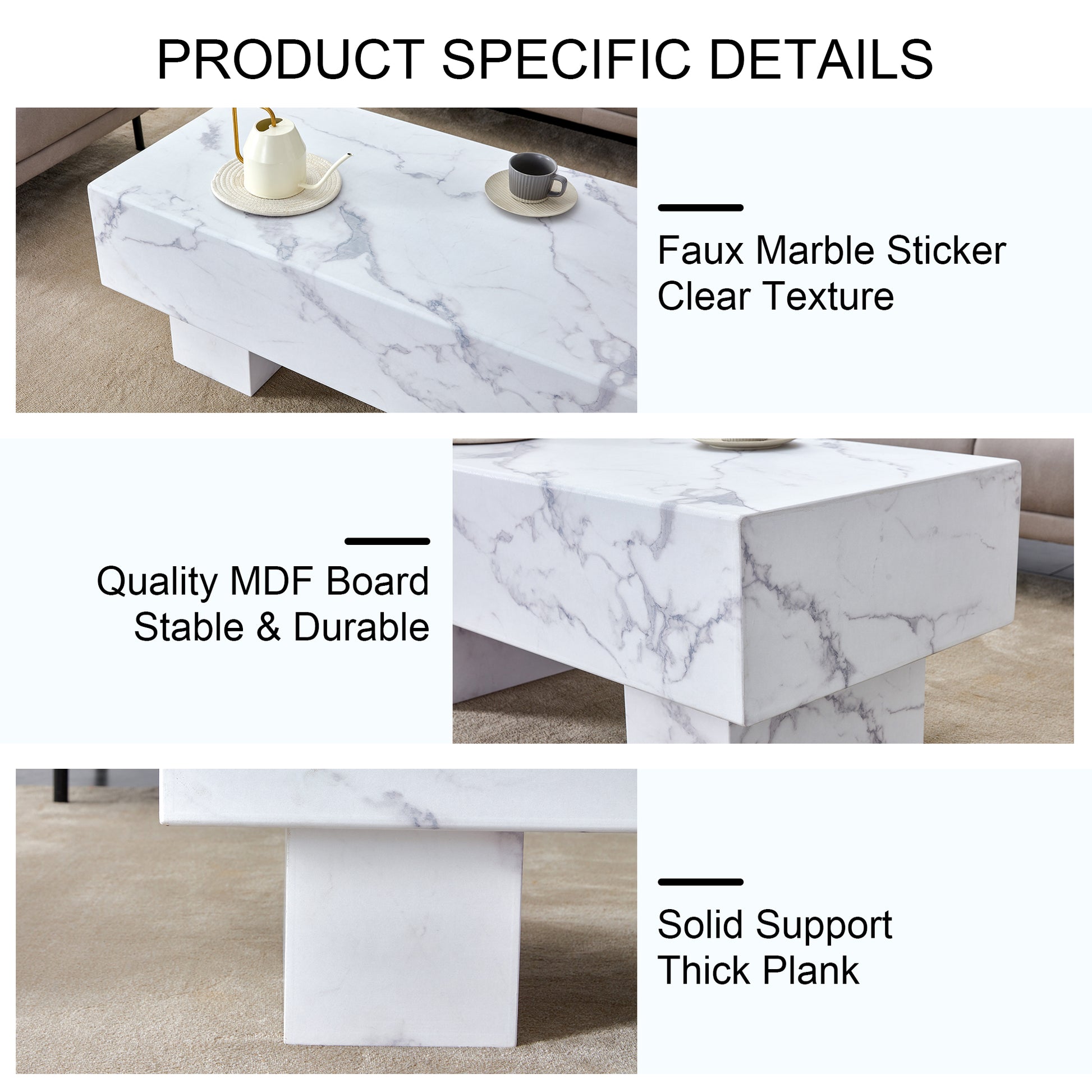 The White Coffee Table Has Patterns. Modern Rectangular Table, Suitable For Living Rooms And Apartments. 43.3"*21.6"*17.2" White Mdf