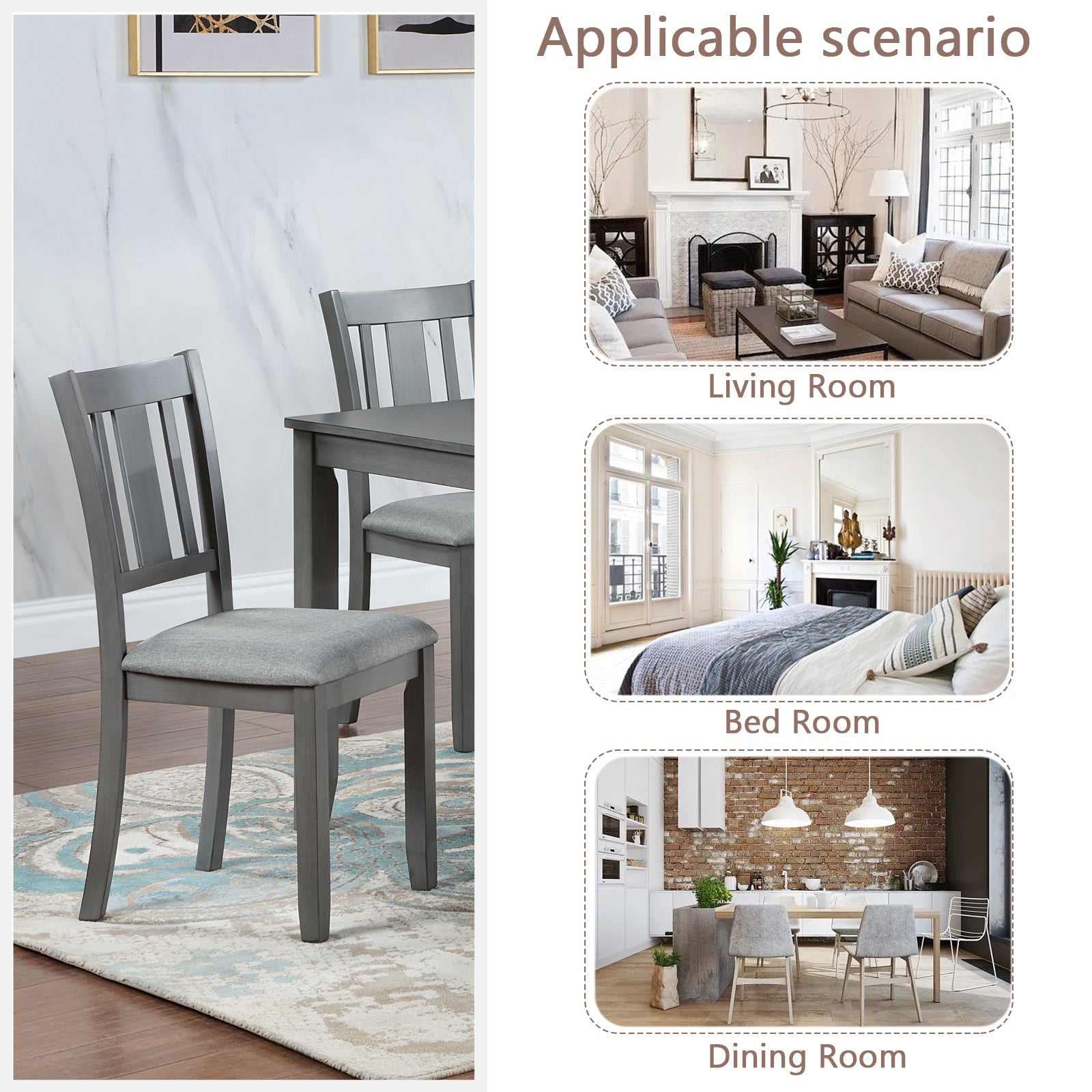 Wooden Dining Chairs Set Of 4, Kitchen Chair With Padded Seat, Upholstered Side Chair For Dining Room, Living Room, Gray Wood Gray Solid Back Seats 4 Dining Room Rubberwood Rubber Wood