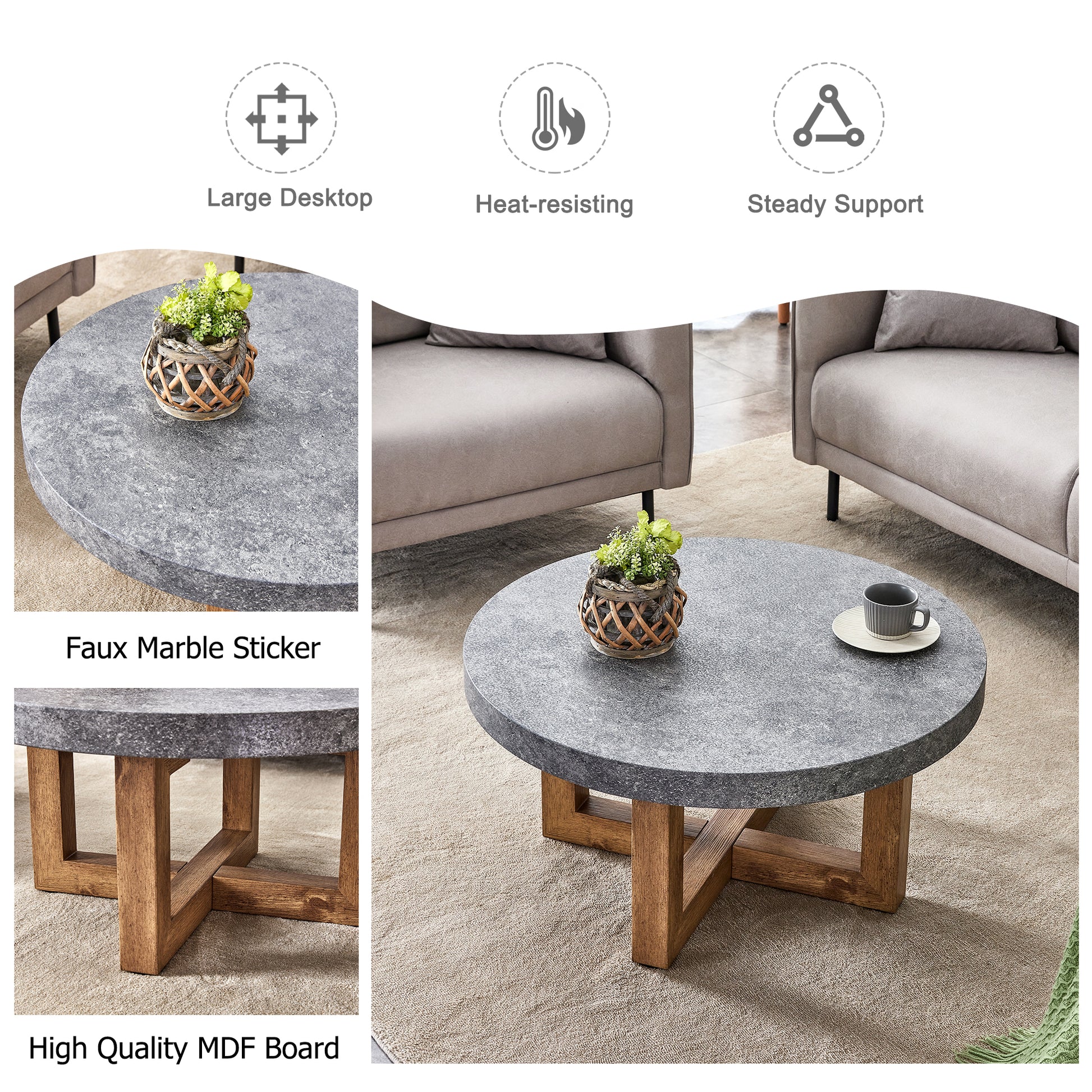 A Modern Retro Circular Coffee Table With A Diameter Of 31.4 Inches, Made Of Mdf Material, Suitable For Living Rooms Grey Mdf