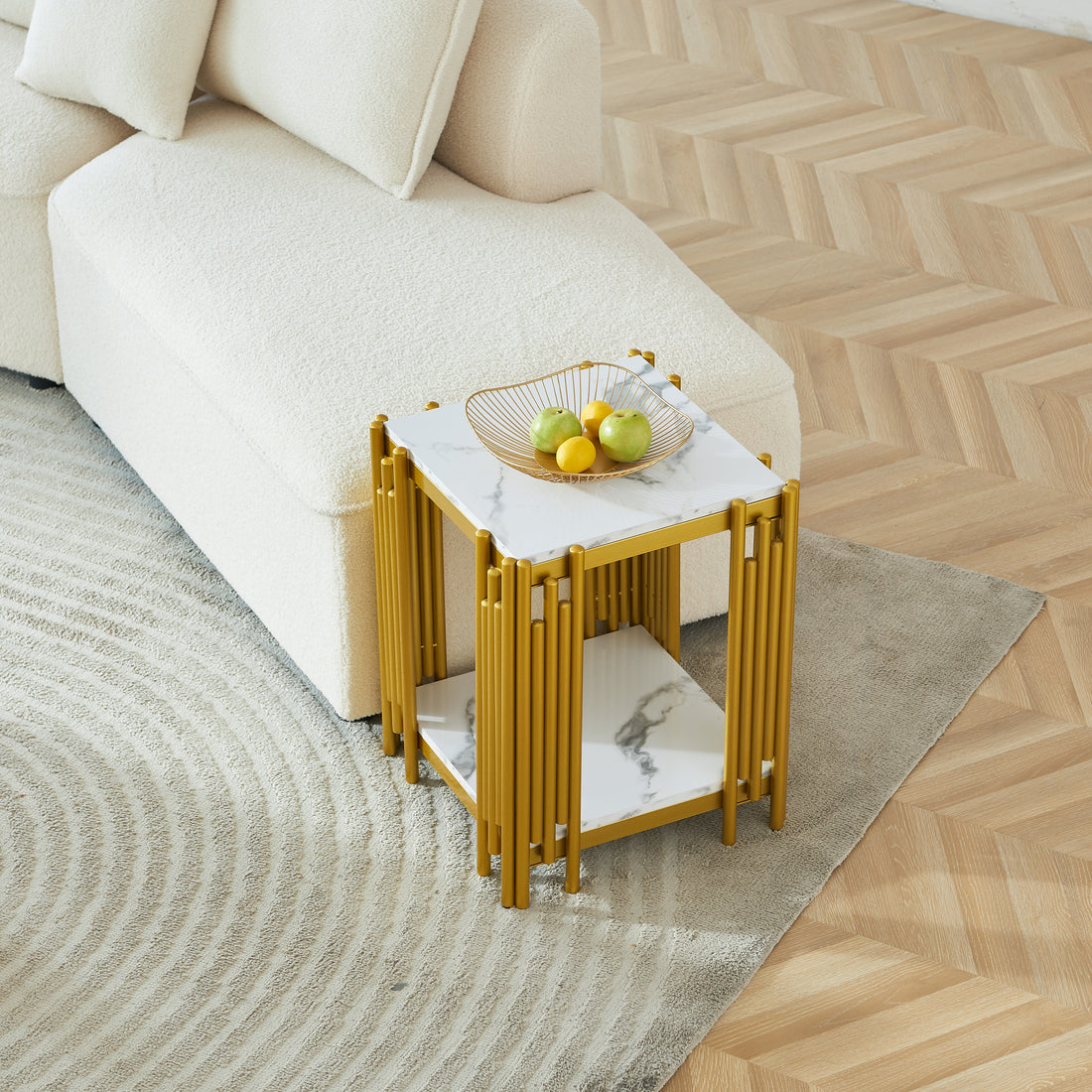 2 Tier Side Table, Faur Marbling End Table, Narrow Side Table With Storage Shelves, Modern Design Beside Table, Wood Nightstand For Living Room, Bedroom, And Office, Easy To Assembly, Gold Gold Primary Living Space Modern Square Open Storage Coffee & End