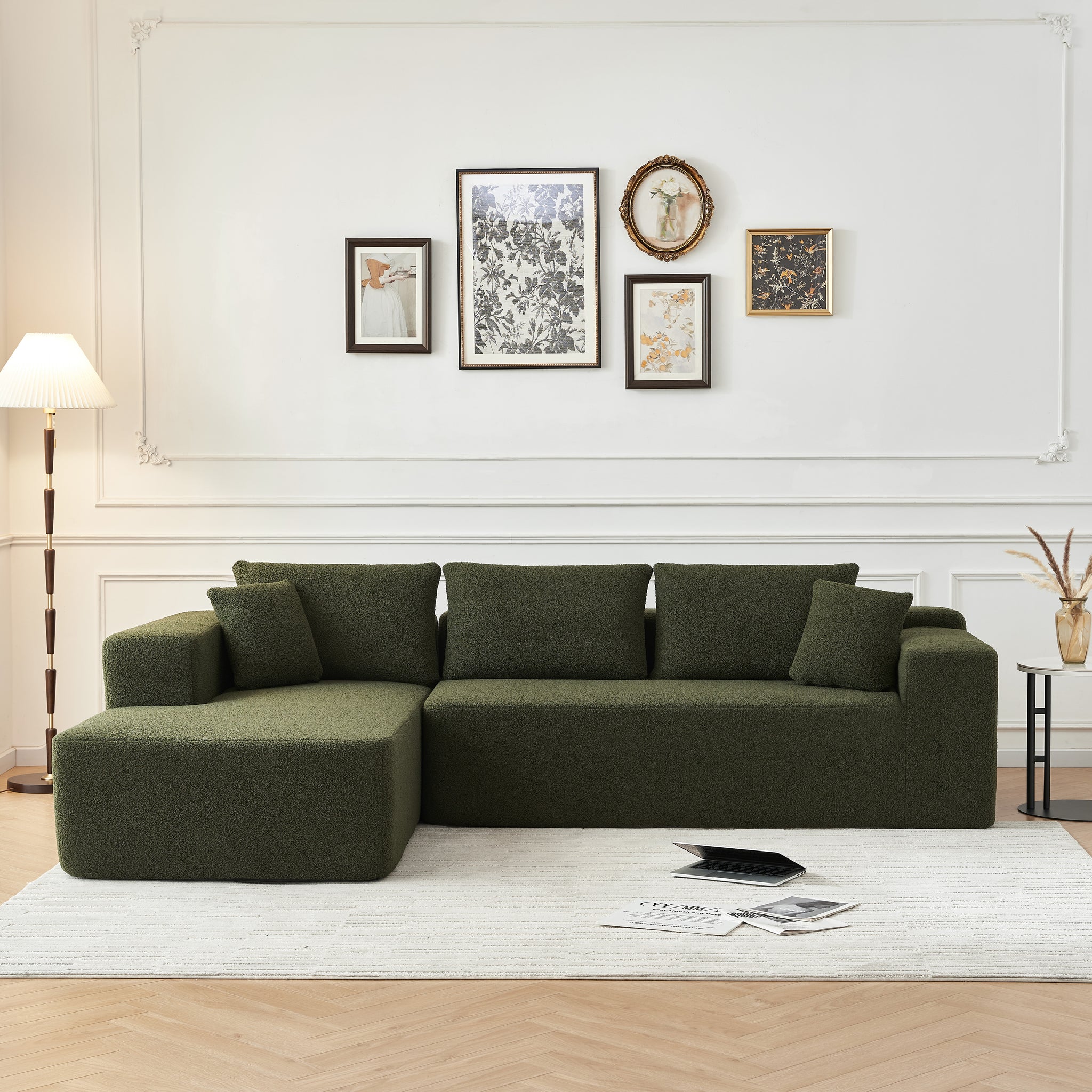 104.33" Sponge Sectional Sofa Couch For Living Room, L Shaped Modern Lamb Modular High Density Sponge Floor Sofa, Sherpa Fabric Sofa Couch With Chaise Lounge, Upholstered Corner Cloud Couch, Green Green Primary Living Space Soft Pillow Back Square Arms