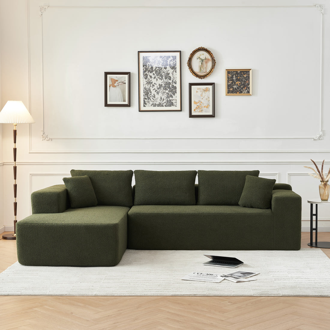 104.33" Sponge Sectional Sofa Couch For Living Room, L Shaped Modern Lamb Modular High Density Sponge Floor Sofa, Sherpa Fabric Sofa Couch With Chaise Lounge, Upholstered Corner Cloud Couch, Green Green Primary Living Space Soft Pillow Back Square Arms