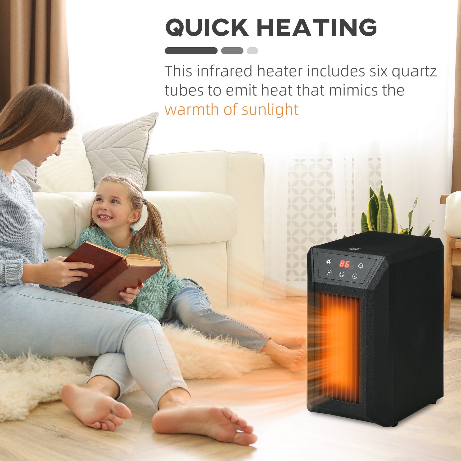 Electric Space Heater For Indoor Use, 1500W Fast Heating Portable Electric Heater With Infrared Quartz Heat Element, Thermostat, 3 Modes, Remote, 12H Timer Black Plastic