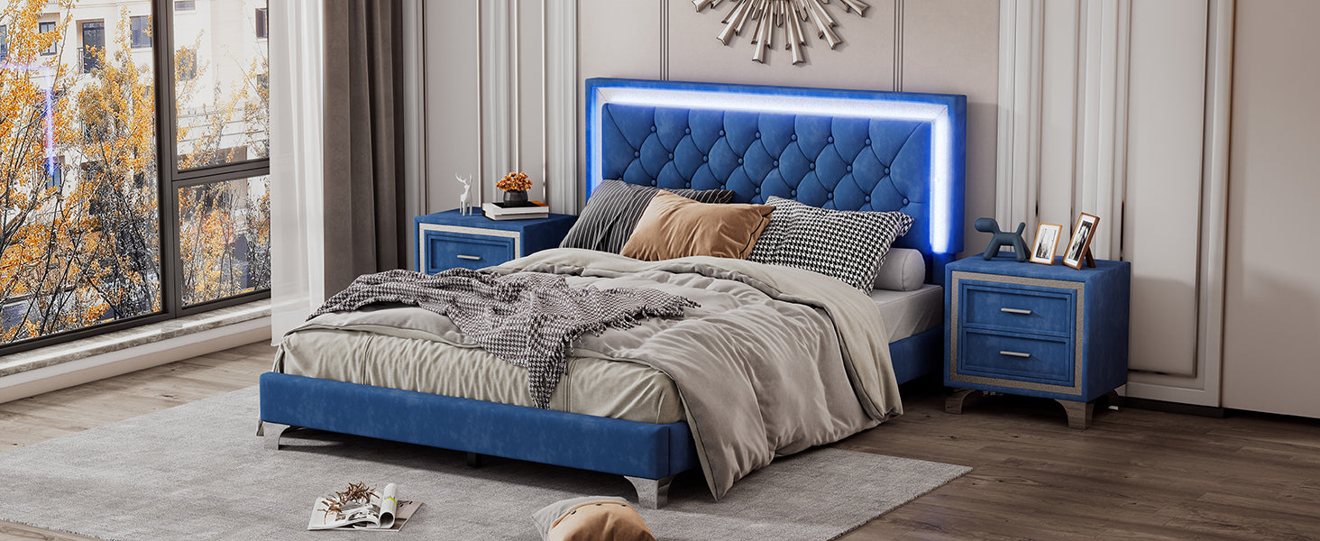 3 Pieces Bedroom Sets,Queen Size Upholstered Platform Bed With Led Lights And Two Nightstands Blue Blue Velvet