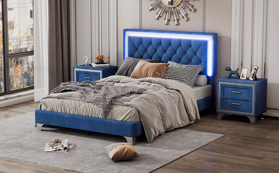Full Size Upholstered Bed Frame With Led Lights,Modern Velvet Platform Bed With Tufted Headboard,Blue Blue Velvet