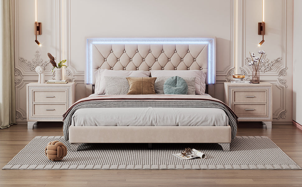 Queen Size Upholstered Bed Frame With Led Lights,Modern Velvet Platform Bed With Tufted Headboard,Beige Beige Velvet