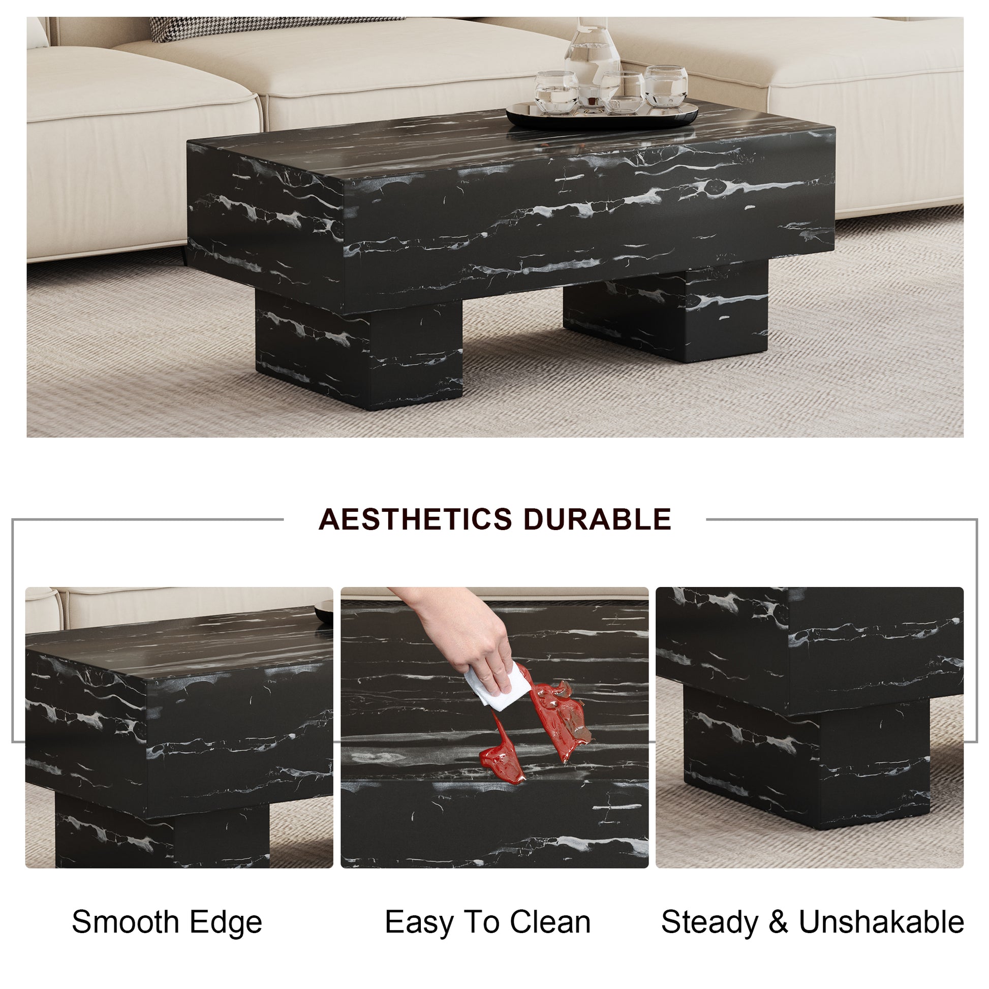 The Black Coffee Table Has Patterns. Modern Rectangular Table, Suitable For Living Rooms And Apartments. 43.3"*21.6"*17.2" Black Mdf