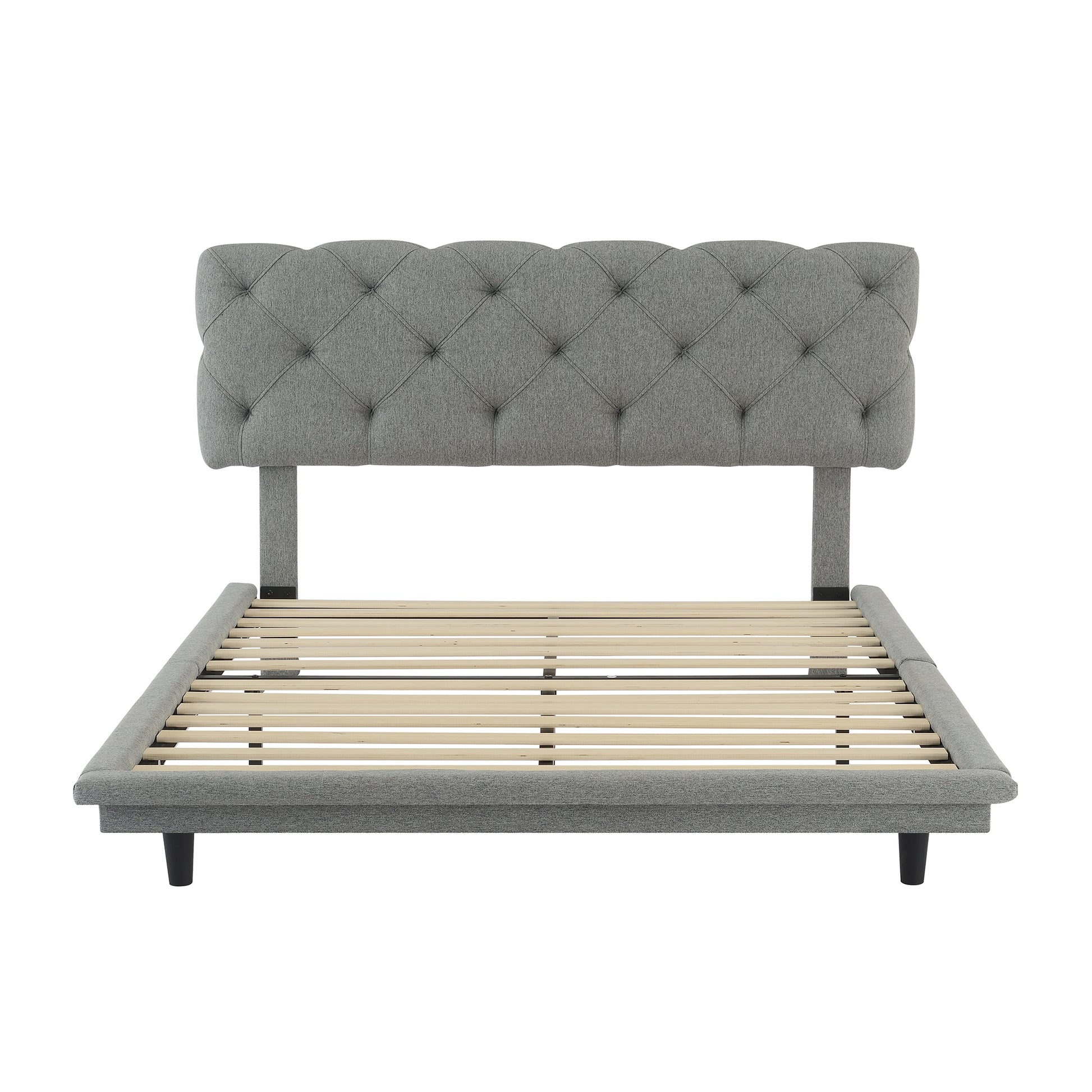 Full Size Upholstered Bed With Light Stripe, Floating Platform Bed, Linen Fabric,Gray Full Gray Linen