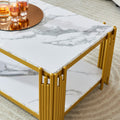 2 Tier Faux Marbling Coffee Table With Storage Shelf For Small Apartment Living Room, Modern Rectangle Wood And Stable Metal Tv Stand Side End Table Gold Primary Living Space Modern Rectangular Open Storage Coffee & End Tables Mdf Metal