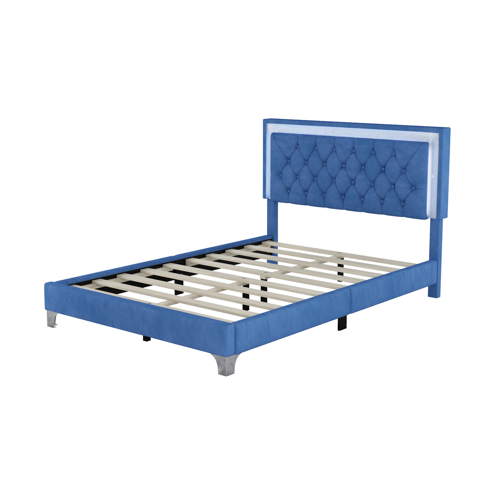 Full Size Upholstered Bed Frame With Led Lights,Modern Velvet Platform Bed With Tufted Headboard,Blue Blue Velvet