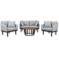 Luxury Modern 4 Piece Outdoor Iron Frame Conversation Set, Patio Chat Set With Acacia Wood Round Coffee Table For Backyard, Deck, Poolside, Indoor Use, Loveseat Arm Chairs, Gray Yes Sectional Gray Weather Resistant Frame Water Resistant Cushion Garden &
