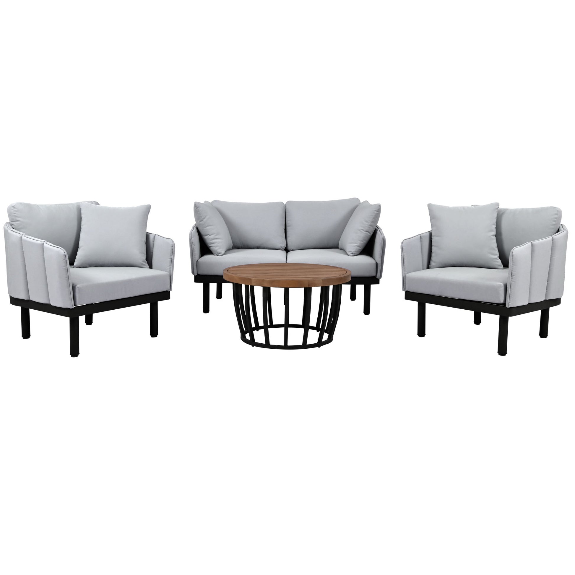 Luxury Modern 4 Piece Outdoor Iron Frame Conversation Set, Patio Chat Set With Acacia Wood Round Coffee Table For Backyard, Deck, Poolside, Indoor Use, Loveseat Arm Chairs, Gray Yes Sectional Gray Weather Resistant Frame Water Resistant Cushion Garden &