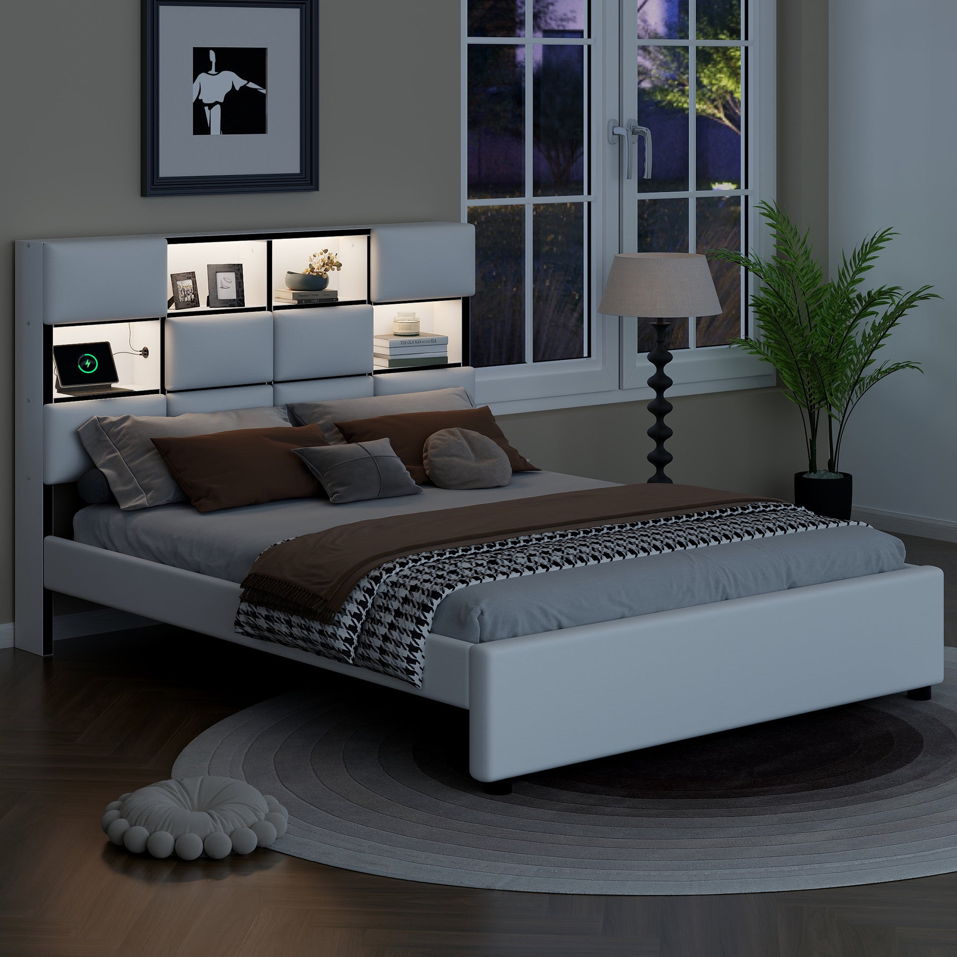 Queen Size Upholstered Platform Bed With Led, Storage And Usb, Beige Box Spring Not Required Queen Beige Wood Bedroom Solid Wood Mdf
