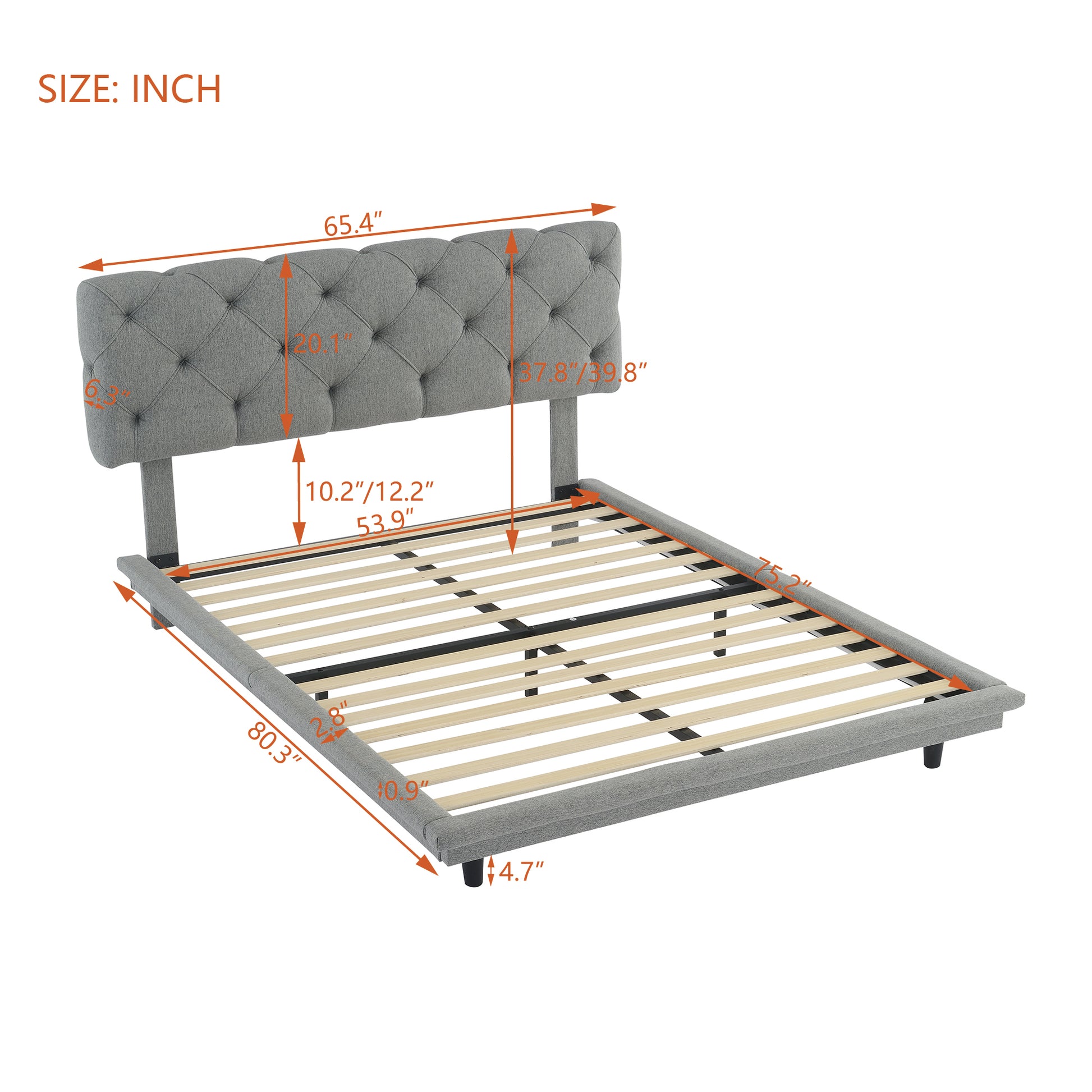 Full Size Upholstered Bed With Light Stripe, Floating Platform Bed, Linen Fabric,Gray Full Gray Linen