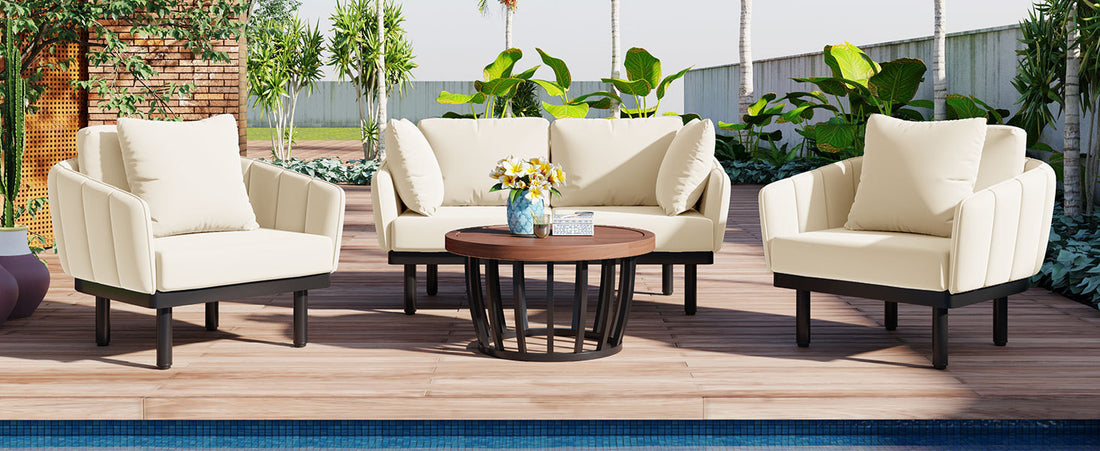 Luxury Modern 4 Piece Outdoor Iron Frame Conversation Set, Patio Chat Set With Acacia Wood Round Coffee Table For Backyard, Deck, Poolside, Indoor Use, Loveseat Arm Chairs, Beige Yes Sectional Beige Weather Resistant Frame Water Resistant Cushion Garden