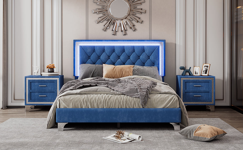 Full Size Upholstered Bed Frame With Led Lights,Modern Velvet Platform Bed With Tufted Headboard,Blue Blue Velvet