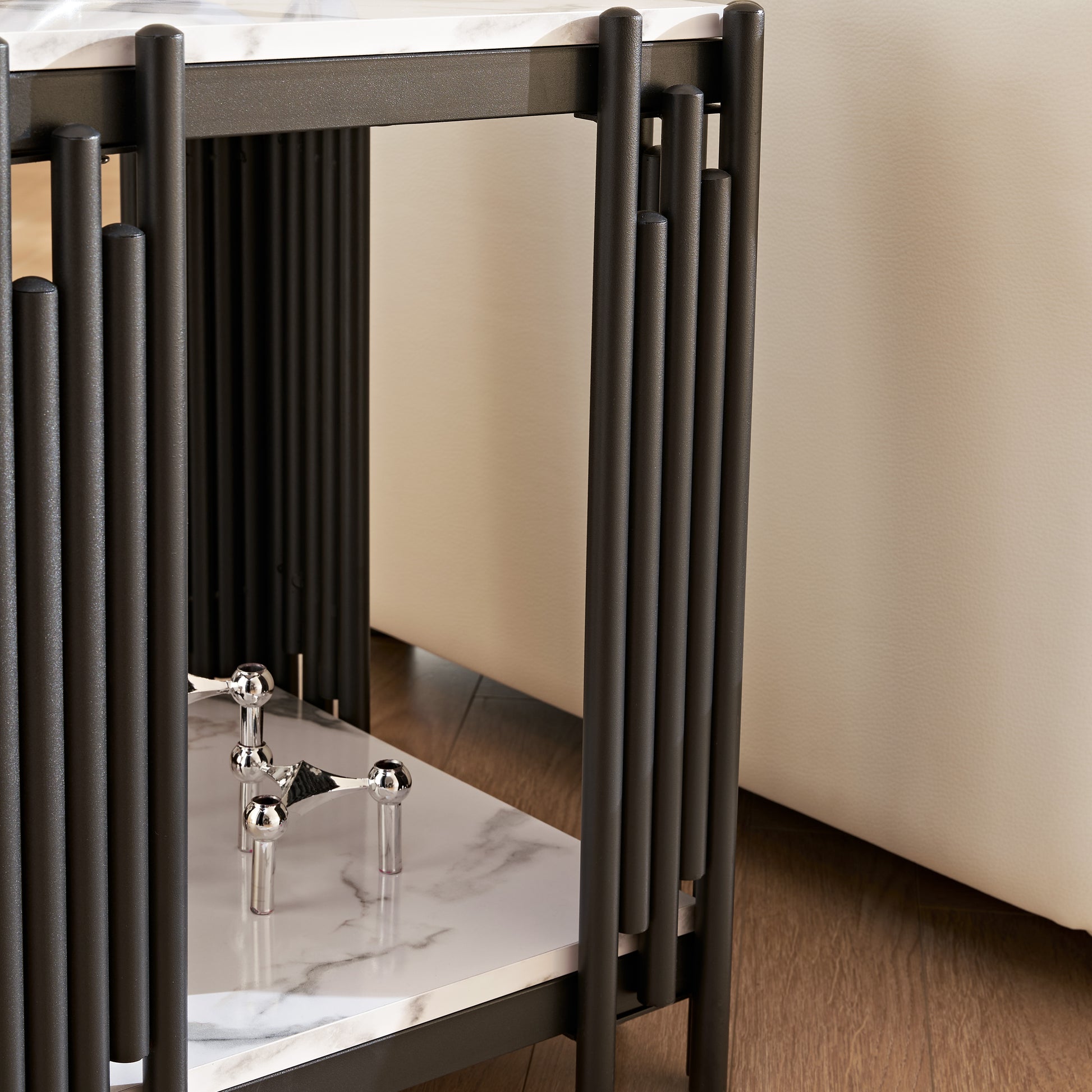 2 Tier Side Table, Faur Marbling End Table, Narrow Side Table With Storage Shelves, Modern Design Beside Table, Wood Nightstand For Living Room, Bedroom, And Office, Easy To Assembly, Black Black Primary Living Space Square Open Storage Coffee & End