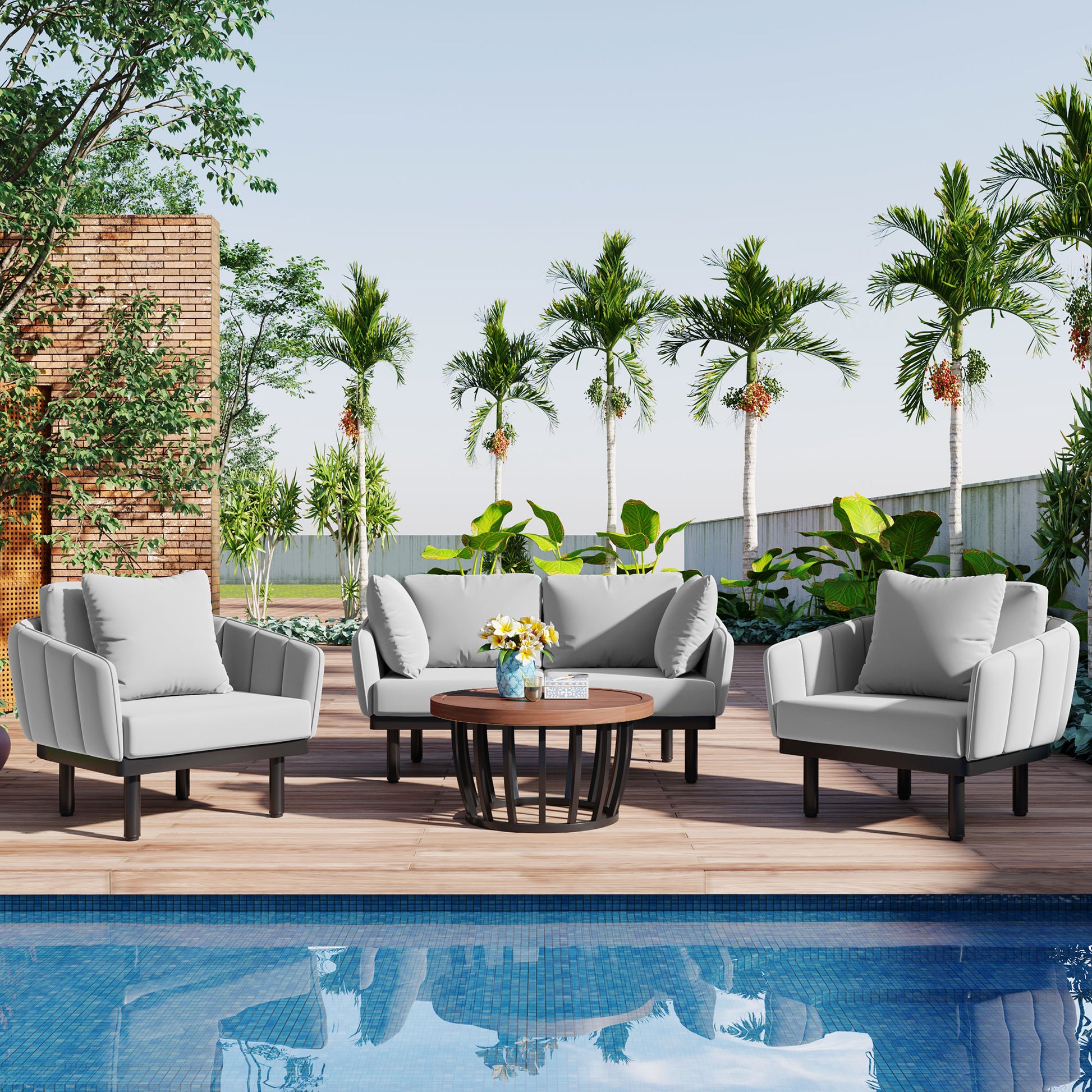 Luxury Modern 4 Piece Outdoor Iron Frame Conversation Set, Patio Chat Set With Acacia Wood Round Coffee Table For Backyard, Deck, Poolside, Indoor Use, Loveseat Arm Chairs, Gray Yes Sectional Gray Weather Resistant Frame Water Resistant Cushion Garden &