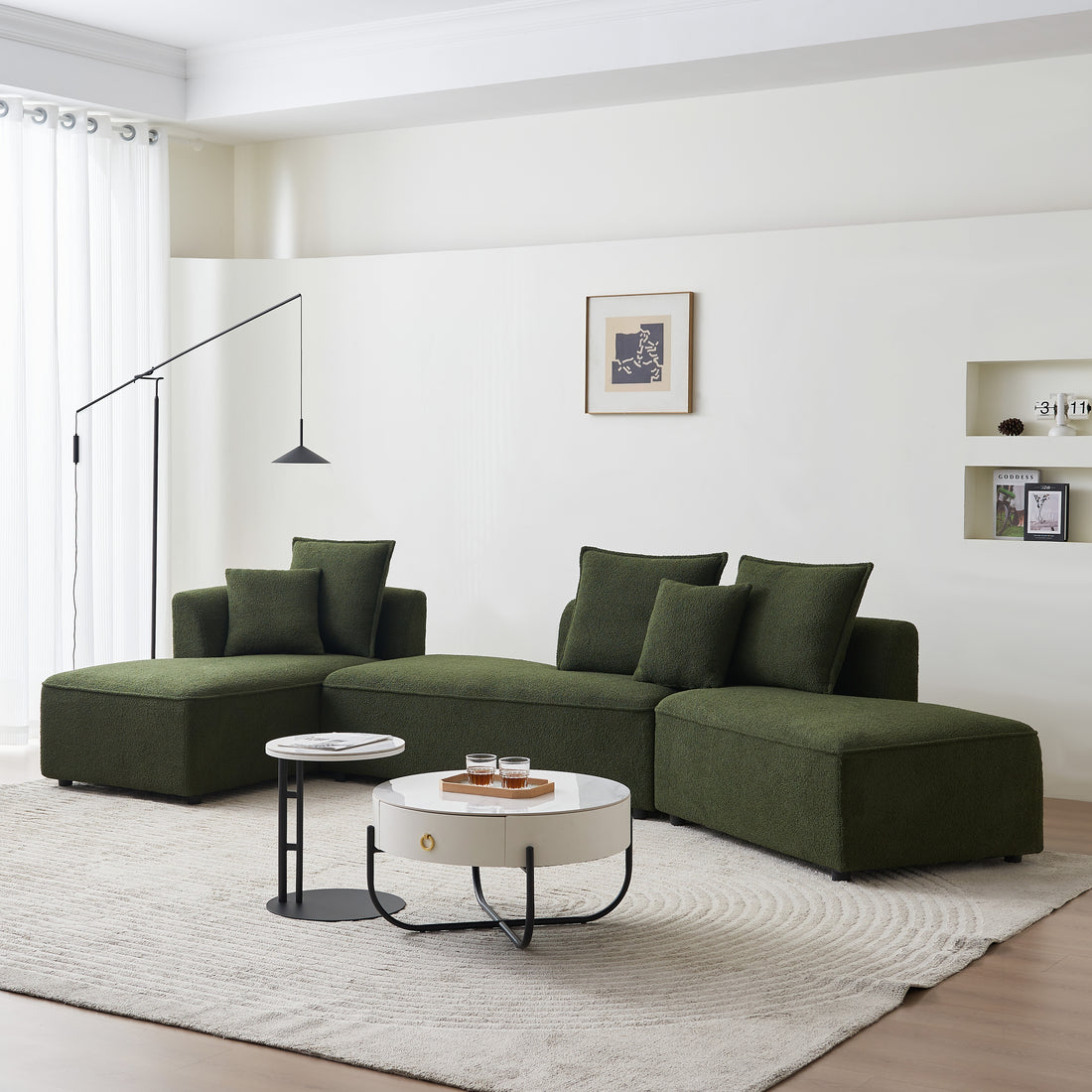 Curved Modular Sectional Sofa For Living Room, Oversized L Shaped Couch With Chaise Lounge Sofa Set, Upholstered Sofa With 3 Back Pillows & 2 Throw Pillow, For Home Office, Green Green Wood Primary Living Space Medium Soft Modern Foam Sherpa 6 Seat