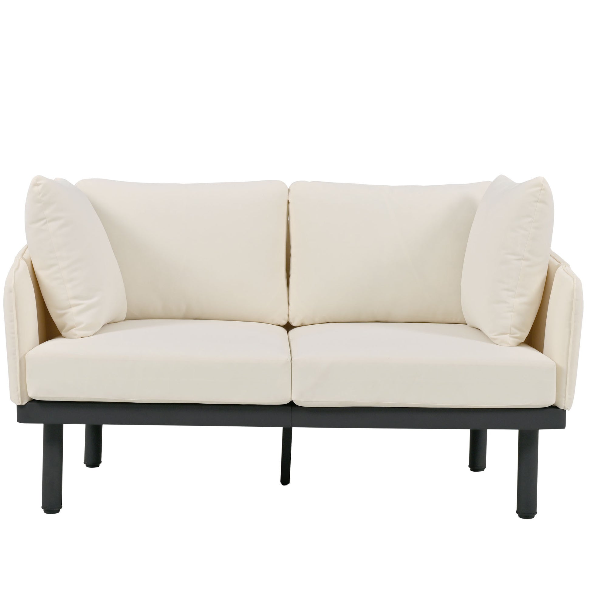 Luxury Modern 4 Piece Outdoor Iron Frame Conversation Set, Patio Chat Set With Acacia Wood Round Coffee Table For Backyard, Deck, Poolside, Indoor Use, Loveseat Arm Chairs, Beige Yes Sectional Beige Weather Resistant Frame Water Resistant Cushion Garden