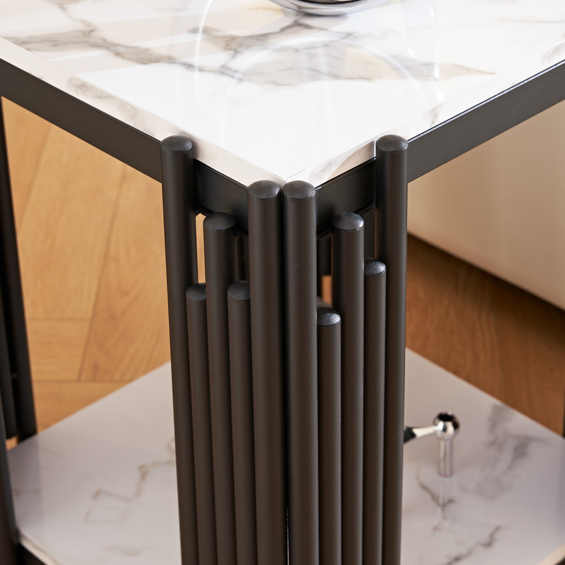2 Tier Side Table, Faur Marbling End Table, Narrow Side Table With Storage Shelves, Modern Design Beside Table, Wood Nightstand For Living Room, Bedroom, And Office, Easy To Assembly, Black Black Primary Living Space Square Open Storage Coffee & End