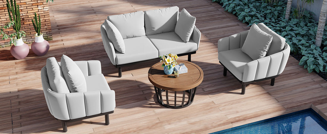 Luxury Modern 4 Piece Outdoor Iron Frame Conversation Set, Patio Chat Set With Acacia Wood Round Coffee Table For Backyard, Deck, Poolside, Indoor Use, Loveseat Arm Chairs, Gray Yes Sectional Gray Weather Resistant Frame Water Resistant Cushion Garden &