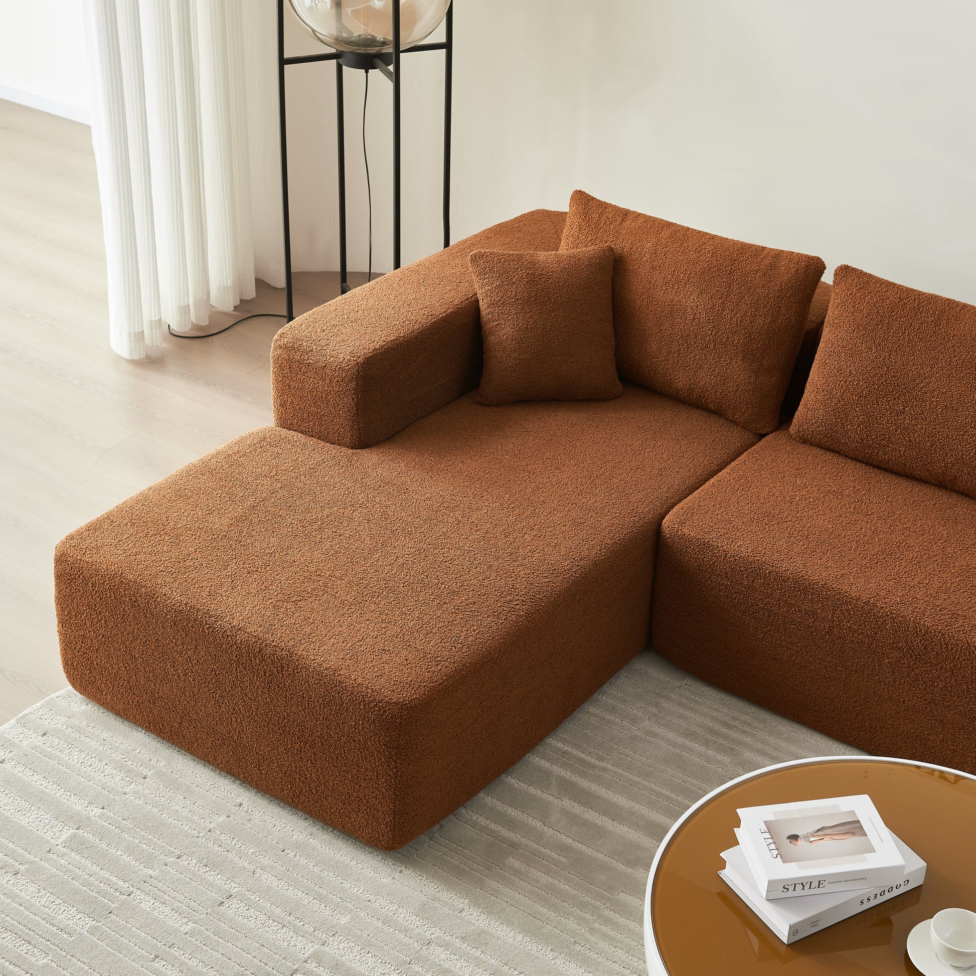 104.33" Sponge Sectional Sofa Couch For Living Room, L Shaped Modern Lamb Modular High Density Sponge Floor Sofa, Sherpa Fabric Sofa Couch With Chaise Lounge, Upholstered Corner Cloud Couch, Orange Orange Primary Living Space Pillow Back Square Arms Foam