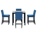 5 Piece Counter Height Dining Table Set With One Faux Marble Top Dining Table And Four Velvet Upholstered Chairs,Blue Blue Mdf