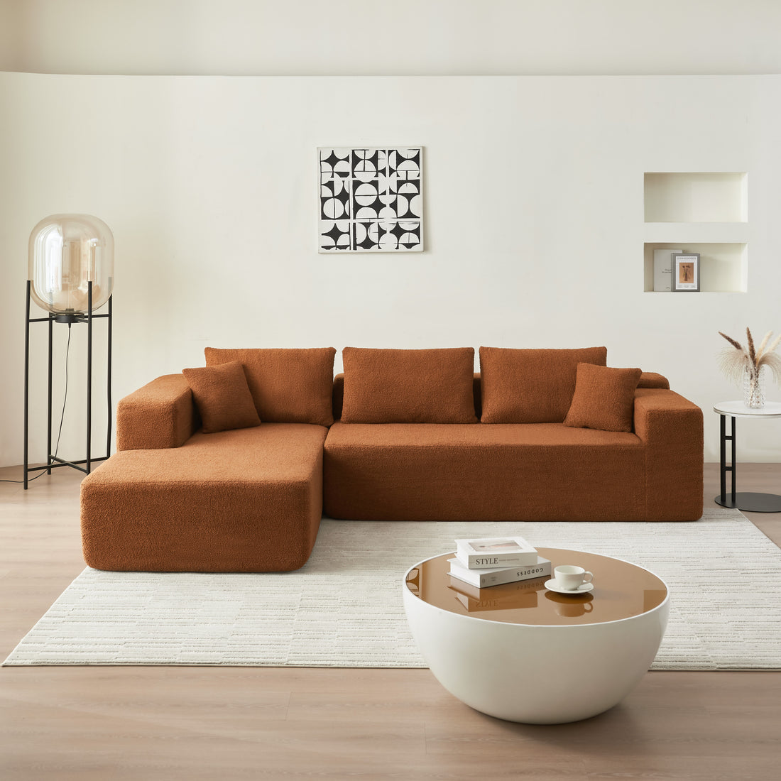 104.33" Sponge Sectional Sofa Couch For Living Room, L Shaped Modern Lamb Modular High Density Sponge Floor Sofa, Sherpa Fabric Sofa Couch With Chaise Lounge, Upholstered Corner Cloud Couch, Orange Orange Primary Living Space Pillow Back Square Arms Foam